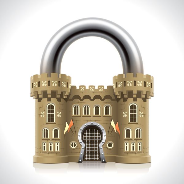 حفاظت قابل اعتماد در خانه به عنوان دیوارهای ضخیم یک قلعه قرون وسطایی به شکل یک قفل
