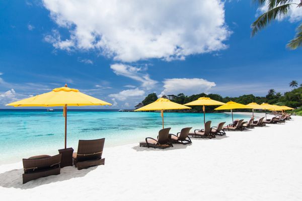 چتر و صندلی های خورشیدی در ساحل استوایی