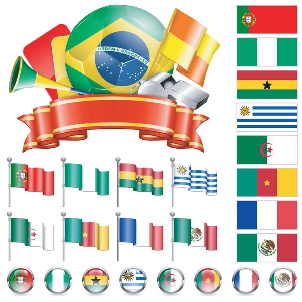 جمع آوری نمادهای فوتبال با توپ روبان و پرچم وکتور جدا شده قسمت 4 از 4