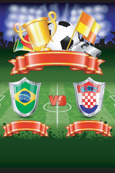 پوستر فوتبال با سپر توپ روبان جام هواداران و پرچم وکتور
