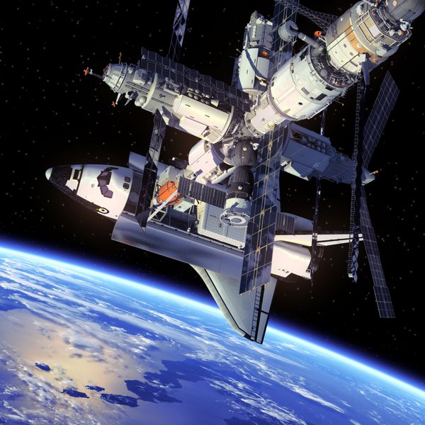 شاتل فضایی و ایستگاه فضایی صحنه سه بعدی عناصر این تصویر توسط ناسا ارائه شده است
