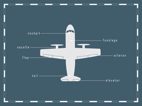 تصویر وکتور تزیینی هواپیما با نام قطعات هواپیما وکتور
