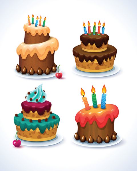 ست کیک تولدت مبارک کیک های تزئین شده با آیسینگ و شمع