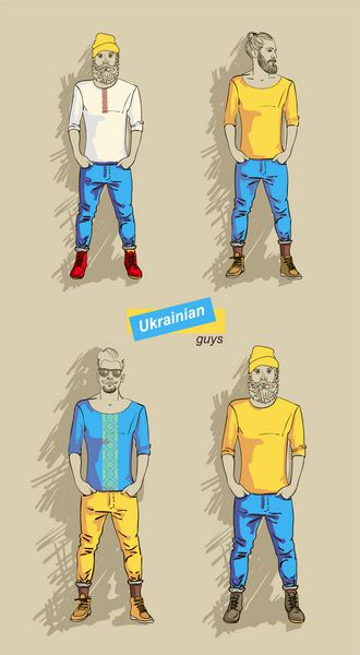 ست مرد اوکراینی با لباس های مد جدا شده روی وکتور پس زمینه روشن