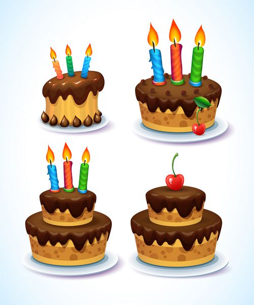 ست کیک تولدت مبارک کیک های تزئین شده با آیسینگ و شمع