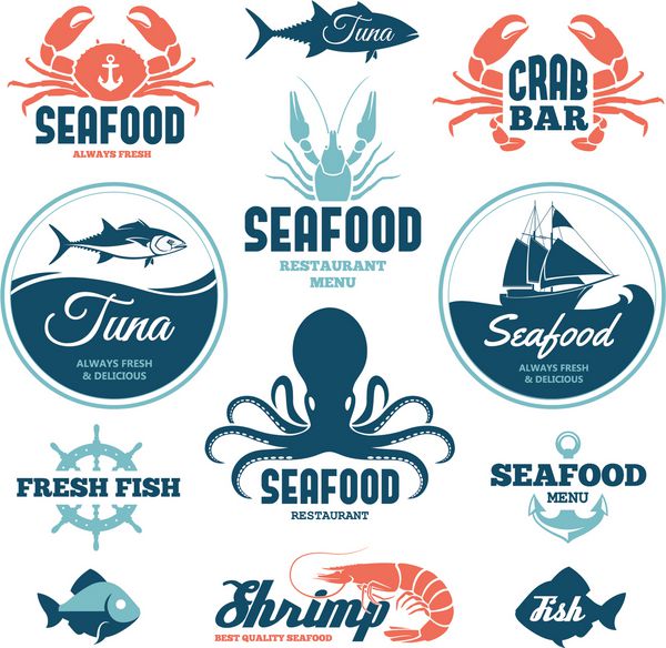 مجموعه وکتور برچسب و علائم غذاهای دریایی
