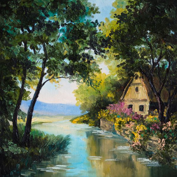نقاشی رنگ روغن روی بوم - خانه نزدیک رودخانه