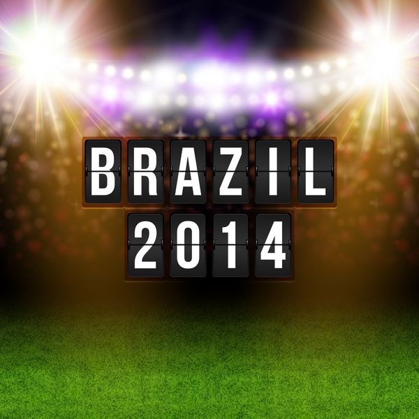 پوستر فوتبال برزیل 2014 پس‌زمینه ورزشگاه و حروف تلطیف‌شده جدول زمانی وکتور
