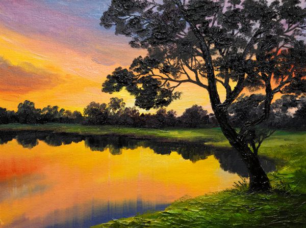 نقاشی رنگ روغن روی بوم - درخت نزدیک دریاچه