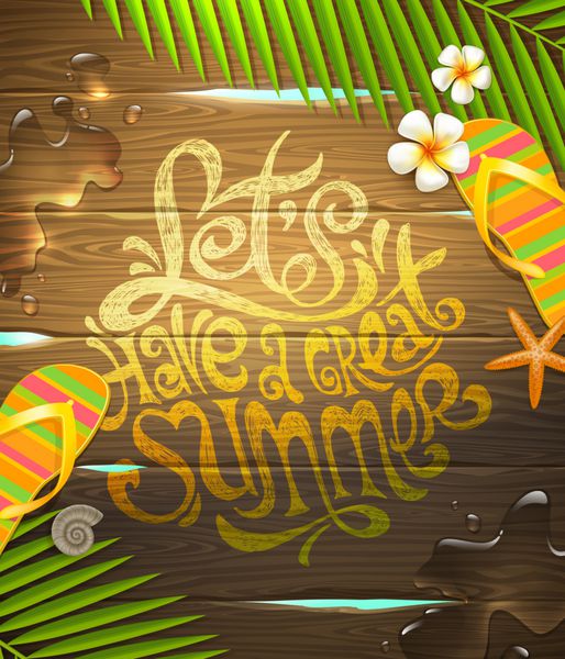 وکتور تعطیلات تابستانی - طرح حروف دستی نقاشی شده روی سطح چوبی