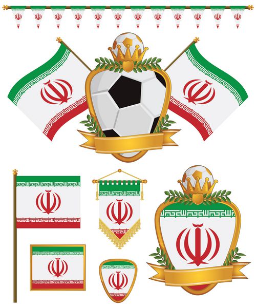 مجموعه ای از پرچم ها و نشان های هوادار فوتبال ایران جدا شده روی سفید