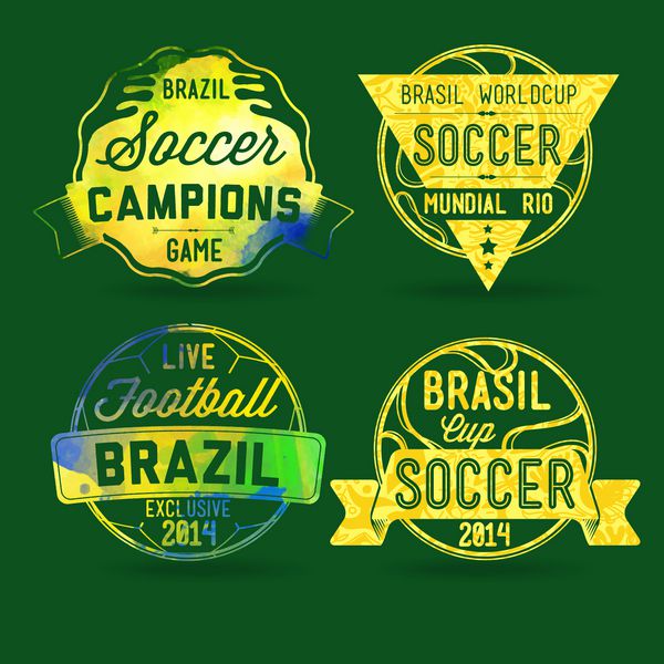 برچسب های برزیلی تم فوتبال مفهوم برچسب ها روی و پس زمینه انتزاعی فوتبال قهرمانی مارک های رنگ آمیزی آبرنگ در رنگ های پرچم برزیل