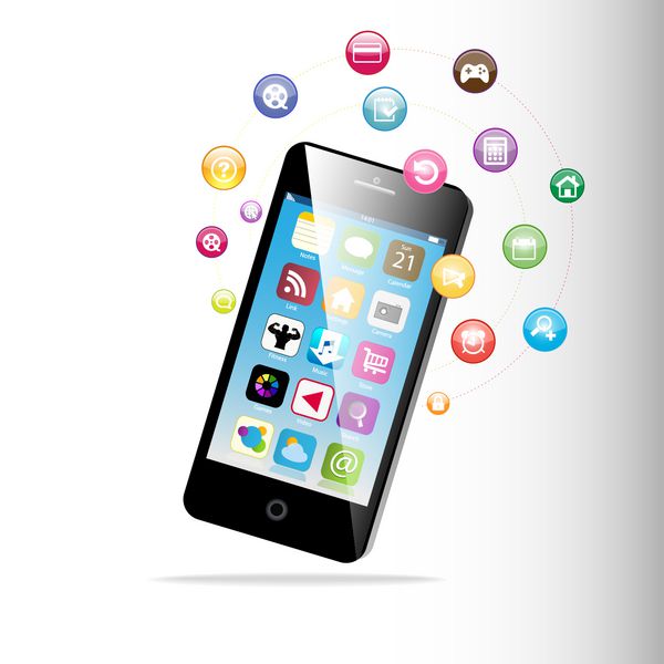 تلفن هوشمند با صفحه لمسی با نمادهای برنامه کاربردی Cloud of Media