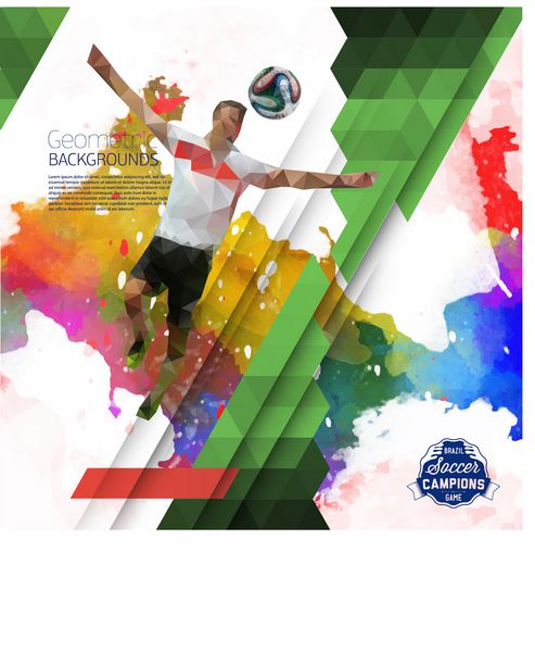 کانسپت وکتور فوتبالیست با پس زمینه آبرنگ و فیگورهای هندسی ترکیبی از رنگ های مختلف طراحی خلاقانه فوتبال با برچسب برای شما برچسب جدا از پس زمینه