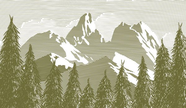 تصویری به سبک چوب‌تراشی از دهانه‌ای در درختان با یک کوه در پس‌زمینه