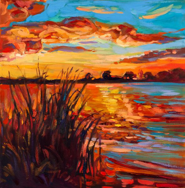 نقاشی رنگ روغن اصلی دریاچه زیبا منظره غروب خورشید سرخس عجله آسمان و ابرها امپرسیونیسم مدرن