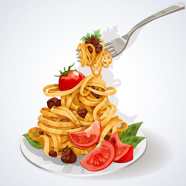 غذای ایتالیایی پاستا با سس گوجه و گوشت در بشقاب و چنگال