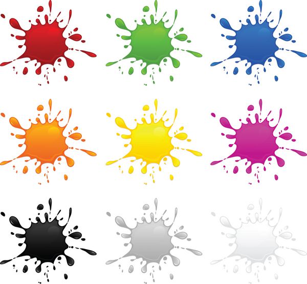 مجموعه ای از لکه های جوهر رنگ های مختلف در پس زمینه سفید وکتور