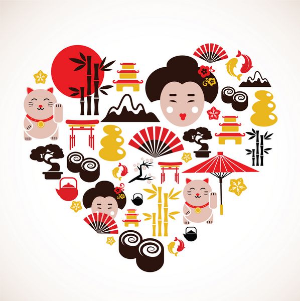 شکل قلب با نمادهای ژاپن