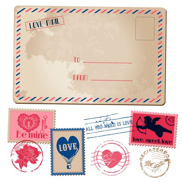 کارت پستال و تمبرهای Vintage Love Valentine - برای طراحی دعوتنامه دفترچه یادداشت - به صورت وکتور