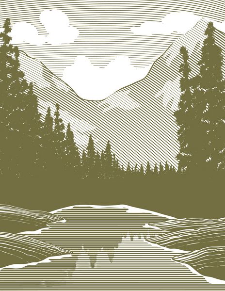تصویری به سبک چوب‌تراشی از صحنه رودخانه