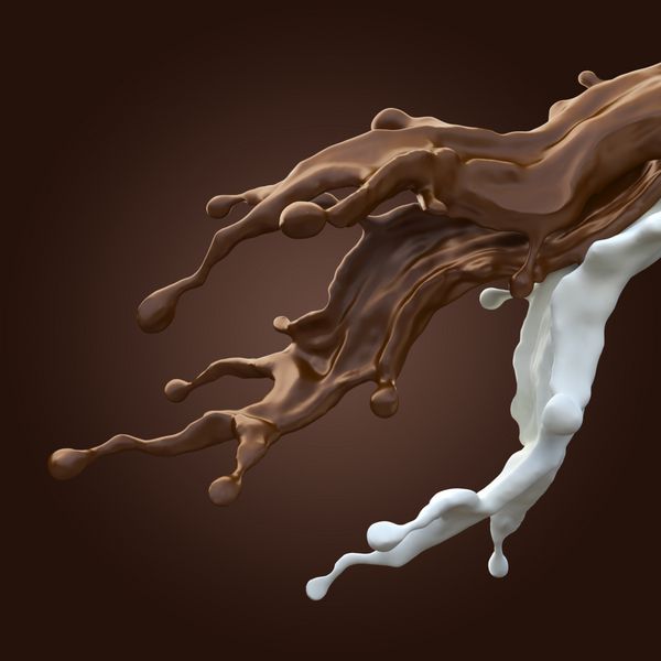 پاشش قهوه شیر مایع و شکلات جدا شده در زمینه قهوه ای