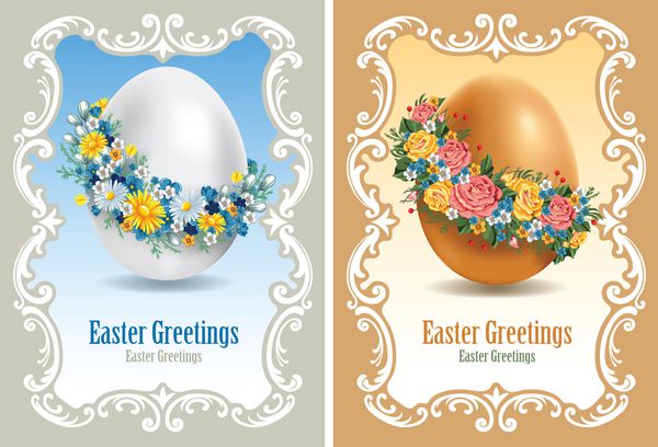 کارت های عید پاک با گل های بهاری و تخم مرغ