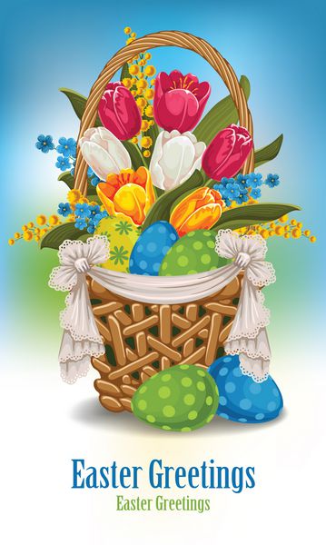پس زمینه تبریک عید پاک با سبد پر از تخم مرغ و گل عید پاک