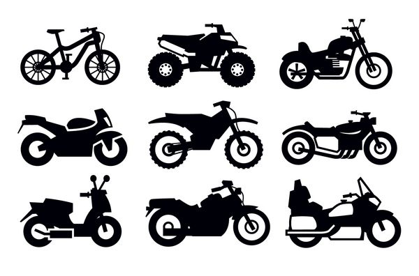 مجموعه آیکون وکتور موتورسیکلت و دوچرخه مشکی