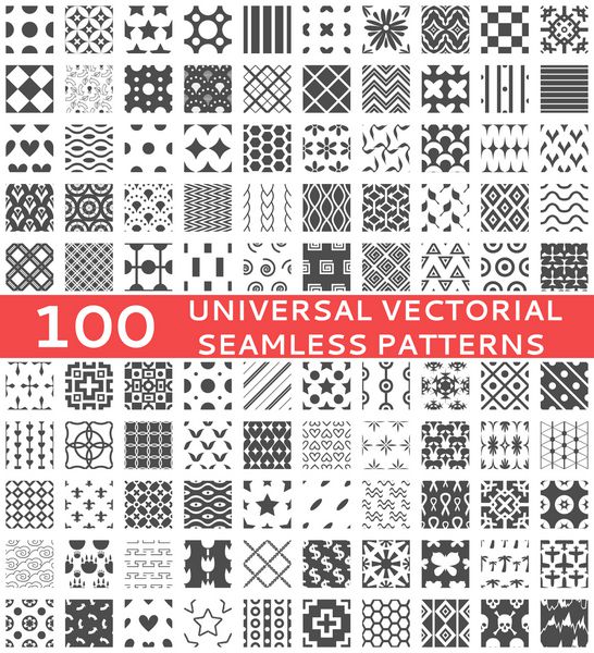 100 الگوی بدون درز وکتور مختلف جهانی کاشی کاری بافت بی پایان را می توان برای کاغذ دیواری پرکردن الگو پس زمینه صفحه وب بافت های سطحی استفاده کرد ست تزیینات هندسی تک رنگ