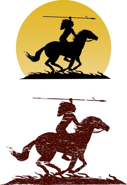 تصویر اسب سواری سرخپوستان آمریکایی با نیزه در دست وکتور