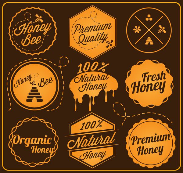 مجموعه ای از برچسب های عسل و زنبور عسل به سبک رترو