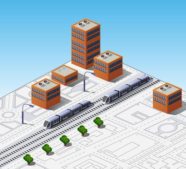 نقشه ایزومتریک شهر با ساختمان ها و قطارها