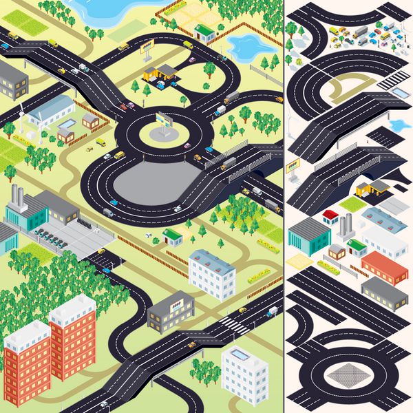 کیت نقشه شهر ایزومتریک سه بعدی مجموعه وکتور شامل ساختمان ها پوشش های گیاهی اتومبیل ها جاده ها و سایر اشیاء و عناصر شهری است به راحتی می توانید شهرک روستا یا کشور کوچک خود را ایجاد کنید