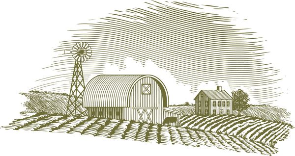 تصویری به سبک چوب‌تراشی از صحنه مزرعه با آسیاب بادی