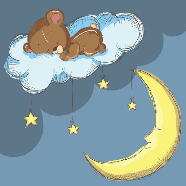 خرس خوابیده روی ابری با ماه و ستاره