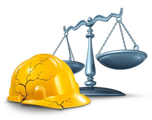 قانون صدمات ساختمانی و خطرات بهداشتی حوادث کار به عنوان کلاه ایمنی ترک خورده و زرد و مقیاس عدالت در مفهوم حقوقی مسائل مربوط به غرامت کارگر در زمینه سفید
