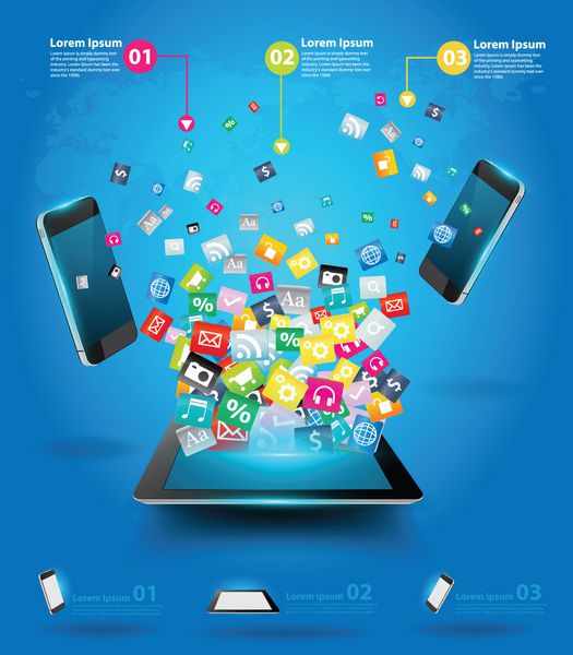 تبلت خلاقانه با ابر تلفن همراه از نماد برنامه رنگارنگ مفهوم خدمات فروشگاه آنلاین نرم افزار تجاری و شبکه های اجتماعی طراحی قالب مدرن وکتور