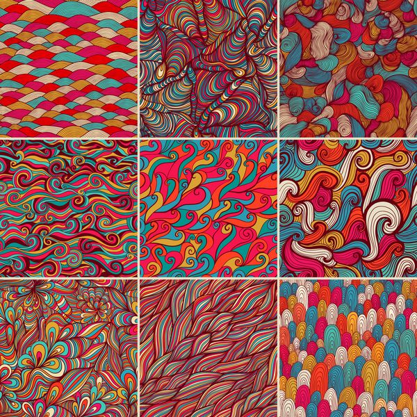 مجموعه ای از 9 الگوی موج رنگارنگ کاشی کاری بدون درز الگوی بدون درز را می توان برای کاغذ دیواری پر کردن الگو پس زمینه صفحه وب بافت سطح استفاده کرد ترکیب پس زمینه بدون درز مد