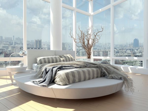 رندر سه بعدی از اتاق خواب مدرن با پنجره های کف تا سقف و نمای شهر