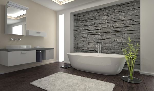 فضای داخلی حمام مدرن با دیوار سنگی