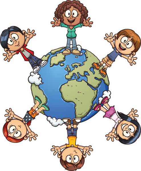 بچه های کارتونی زیبا در سراسر جهان وکتور کلیپ آرت با شیب ساده هر عنصر در یک لایه جداگانه