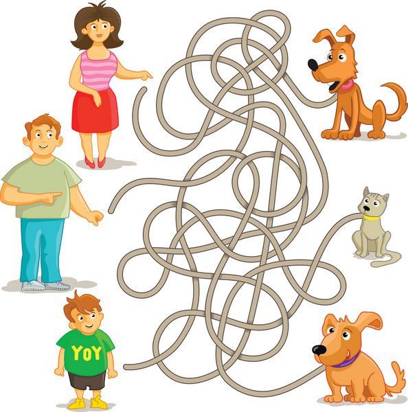 بازی خنده دار خنده دار به صاحبان کمک کنید حیوانات خانگی خود را پیدا کنند مرد زن پسر گربه و دو سگ بامزه تصویرسازی با خطوط درهم