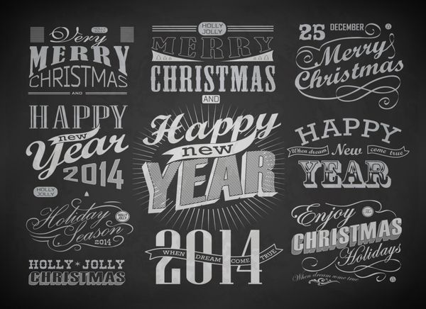 تایپوگرافی کریسمس و سال نو مبارک برچسب ها عناصر خوشنویسی