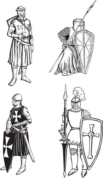 شوالیه های قرون وسطی مجموعه ای از تصاویر وکتور سیاه و سفید