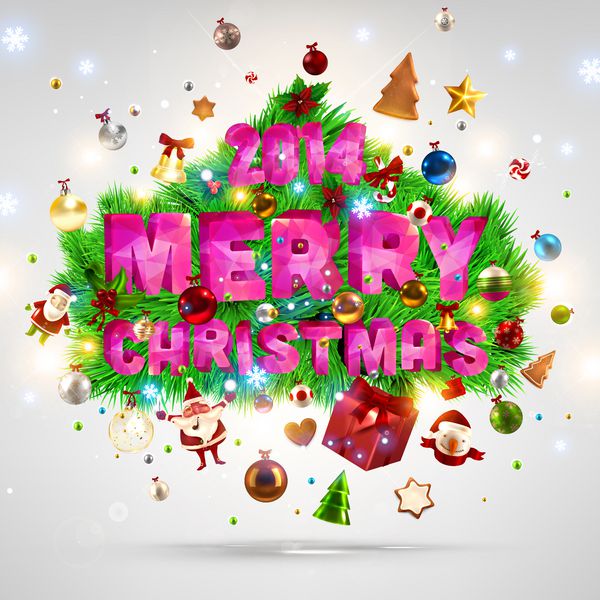 حروف کریسمس مبارک برچسب سه بعدی با نمادهای وکتور درخت کریسمس و کریسمس برای طراحی تعطیلات بابل هدایا بابانوئل آدم برفی و عناصر دیگر