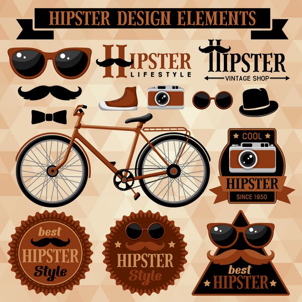 مجموعه هیپستر با دوچرخه برچسب و کتیبه