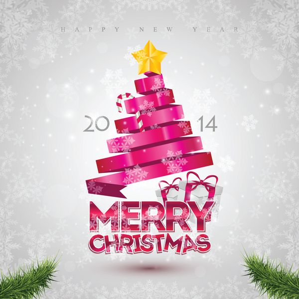 کارت کریسمس با درخت کریسمس عناصر روبان صورتی
