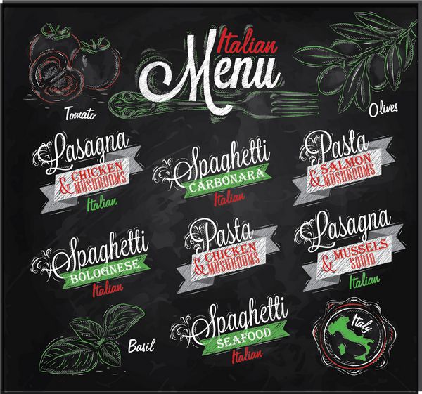منوی ایتالیایی نام غذاهای اسپاگتی لازانیا ماکارونی کاربونارا بولونیز و سایر مواد گوجه فرنگی ریحان زیتون برای طراحی یک منو طراحی تلطیف شده با گچ از رنگ های قرمز سبز