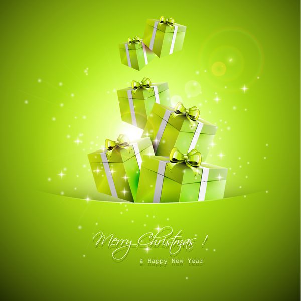 پرواز جعبه های هدیه سبز از جیب - کارت تبریک کریسمس